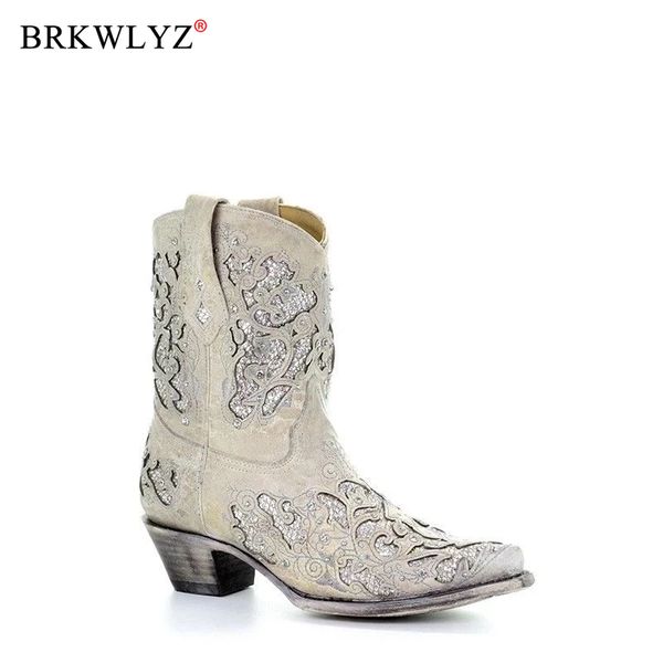 

women mid-calf boots spring low heel women shoes embroidered cool british crystal design soft short boots knee high botas mujer, Black