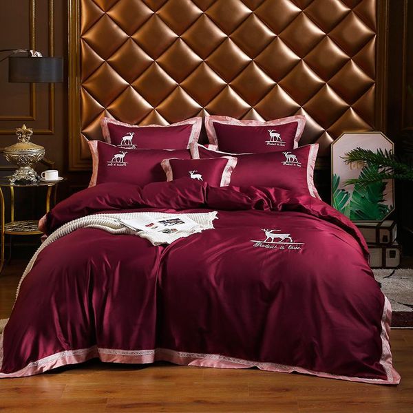 

j2 jpcs wine red,blue,khaki  king size bedding set egyptian cotton soft bedsheet set elk embroidery duvet cover pillowcase