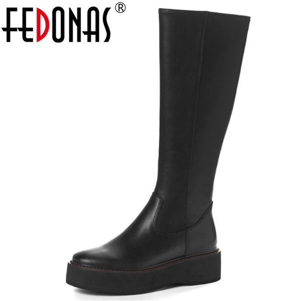 

fedonas new women genuine leather knee high boots chunky heels dancing night club shoes woman punk riding boots, Black