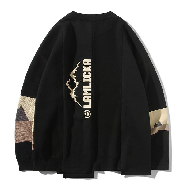 

men's sweaters autumn and winter snow mountain contrast stitching sweater o-neck pullover loose bear couple, White;black