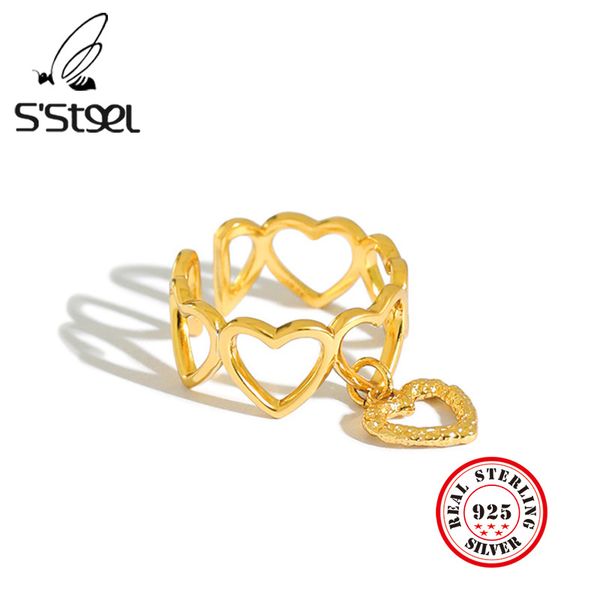 

cluster rings s'steel korean 925 sterling silver for women heart-shaped gold love opening ring anillo de plata ley mujer jewelry, Golden;silver