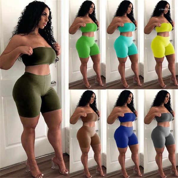 

2pcs sportswear women ultra stretchy strapless tracksuits solid color skinny two piece shorts crop top, Gray