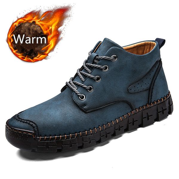 

comfortable 2020 winter shoes men warm boots men fur split leather wterproof ankle snow boots lace-up big size 47, Black