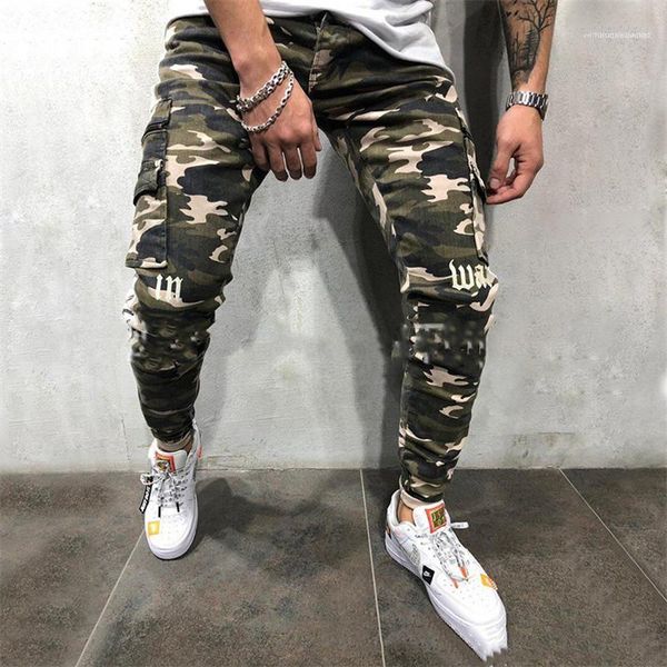 

designer jeans fashion letter print panelled mens pencil pants casual zipper pockets males clothing camouflage mens, Blue