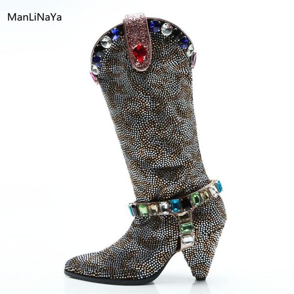 

red clear crystal belt women long boots spike heels full strass diamond cow suede ladies knee-high runway high-heeled boots new, Black