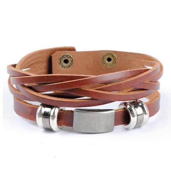 

tennis brown and black vintage leather wrap bracelet for men, Golden;silver