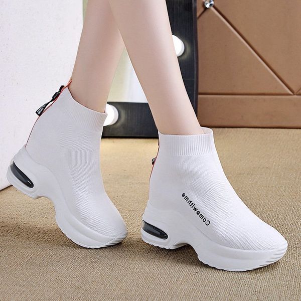 

elastic knitted chunky platform boots women white casual hidden heels wedges shoes woman slip on high sneakers 2020, Black