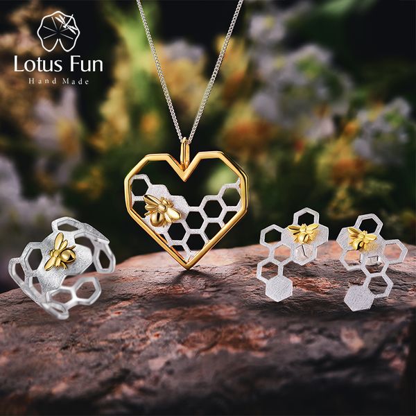

lotus fun real 925 sterling silver handmade fine jewelry honeycomb home guard jewelry set with ring earring pendant necklace