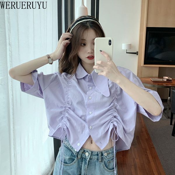 

new 2020 cropped women drawstring tie front candy colors streetwear slim crop party blouse, White