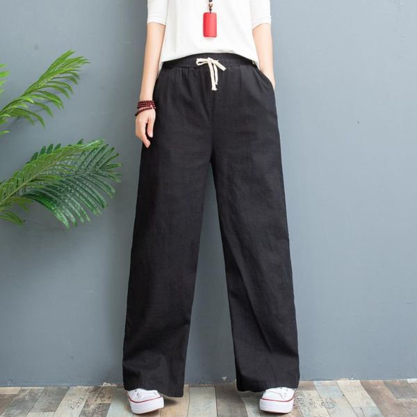 

women's casual trousers new washed cotton and linen wide-leg pants, summer thin style, straight loose, large size linen women's pa, Black;white