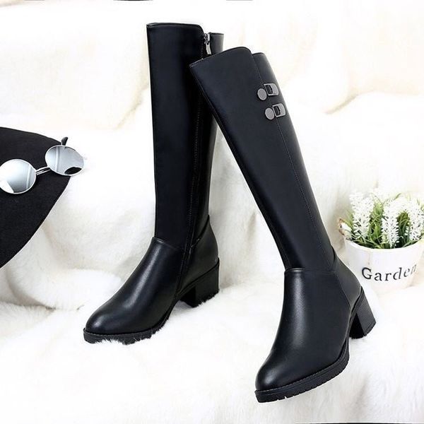 

new winter leather women knee high boots motorcycle square toe zip footwear low heels female riding boot woman long boots, Black