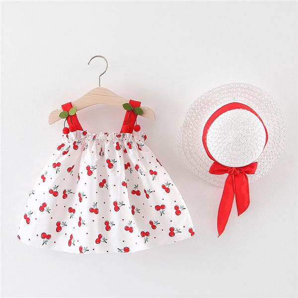 

baby girls dress 2020 new summer style with hat cherry newborn baby girl clothing infant cotton bow dresses babies girl clothes, Red;yellow