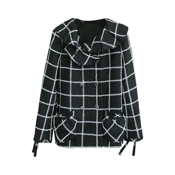 

coats and jackets women 2020 autumn winter runway designer double breasted plaid tweed jacket kpop womens clothing, Black;brown