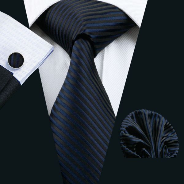 

mens tie dark striped 100% silk classic jacquard woven tie hanky cufflink set for men formal wedding party, Black;blue
