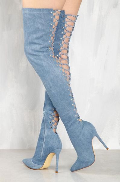 

women fashion pointed toe over knee denim gladiator boots back cut-out thigh long high heel boots evening dress shoes, Black