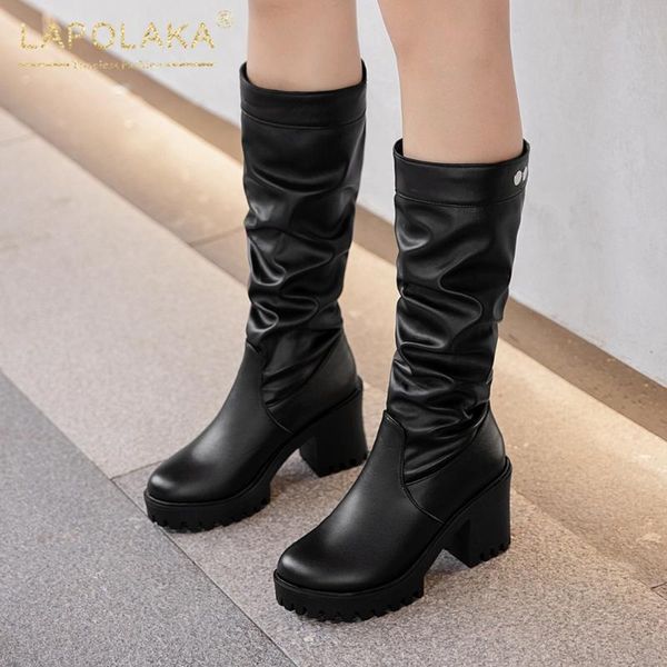 

lapolaka new fashion 2020 slip-on platform shoes ladies boots female chunky heels comfortable mid calf boots woman shoes, Black
