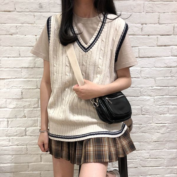 

3 colors 2019 autumn and winter preppy style v neck knitted sleeveless vest sweaters womens pullovers womens (X973)