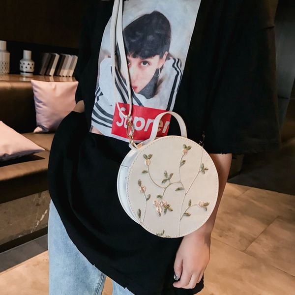 

pu round handbag fashion small bag embroidery flower shoulder bag ladies handbag