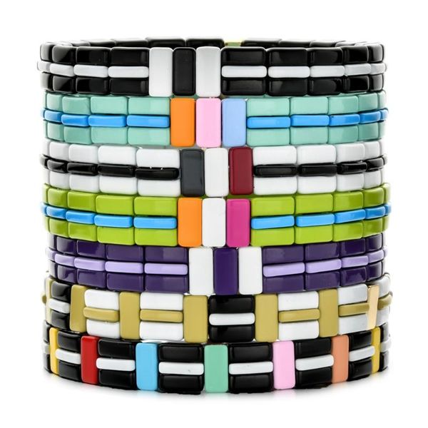 

new design stacked charm bracelet women enamel tile bracelets stretch jewelry rainbow bangles bohemian pulsera mujer moda, Golden;silver