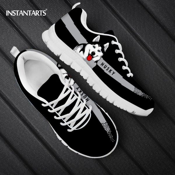 

instantarts cute black husky design women flats shoes lace up breathable walk sneakers men woman brand design spring casual shoe