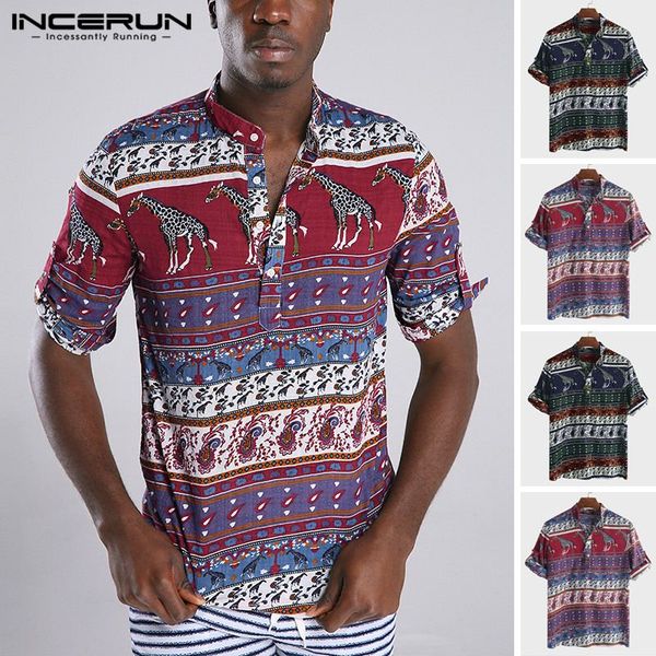 

incerun ethnic style vintage print men shirt half sleeve stand collar casual blouse bohemian beach hawaiian shirts men 2020 5xl, White;black