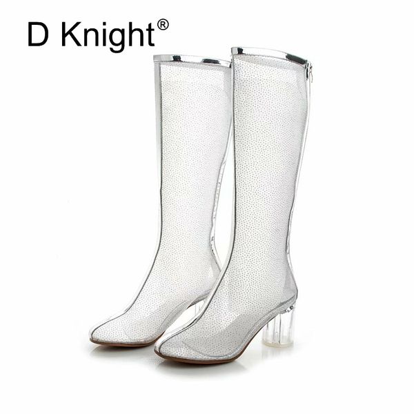

transparent women knee high boots crystal chunky heels zipper mesh boots summer cool booties breathable clear women's shoes, Black