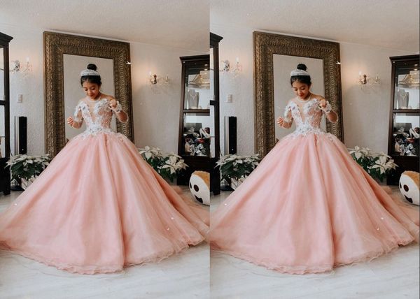 

elegant 3d flowers ball gown quinceanera prom dresses long illusion sleeves lace ruched tulle plus size sweet 15 16 party formal dress, Blue;red
