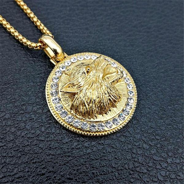 

iced out wolf head necklaces pendants for women/men gold color stainless steel rhinestones necklace hip hop bling jewelry, Silver
