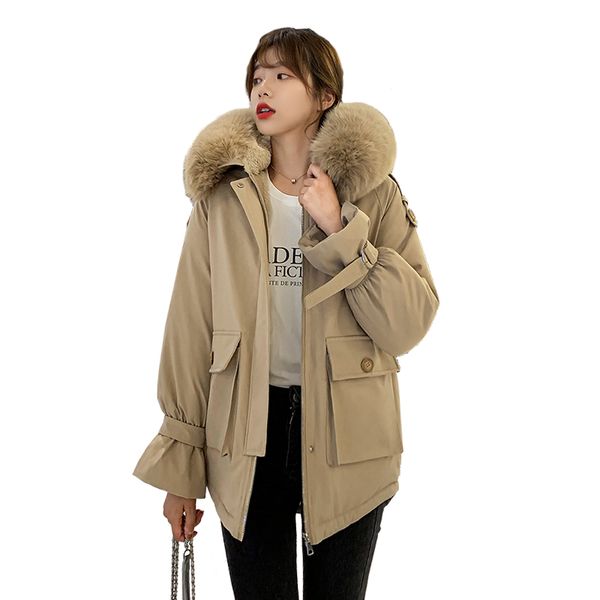 

thick warm women parkas 2020 flannel insided cotton jacket coats big fur collar zipper padded parka stand collar coats, Black