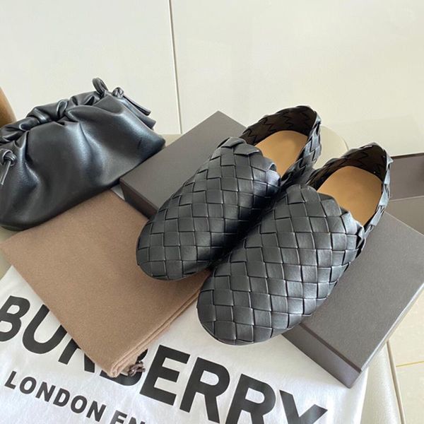 

2020 runway weave round toe genuine leather loafers woman flat with designer loafers woman comfort women boat shoes for, Black