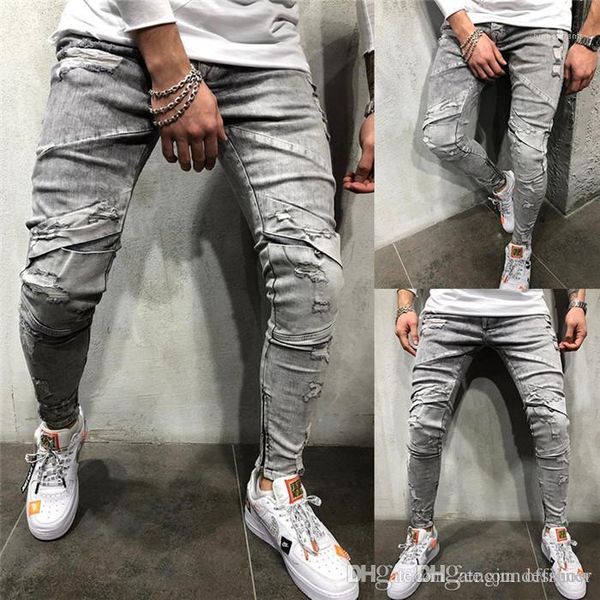 

hole desinger jeans zipper solid color summer fashion style homme clorhing pecil pants button mens new 2020ss, Blue