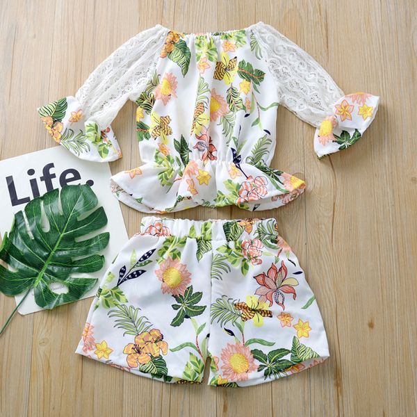 

exquisite fashion sweet toddler baby girls sets 2020 new flared sleeve lace open floral print shorts kids suit girls outfits, White