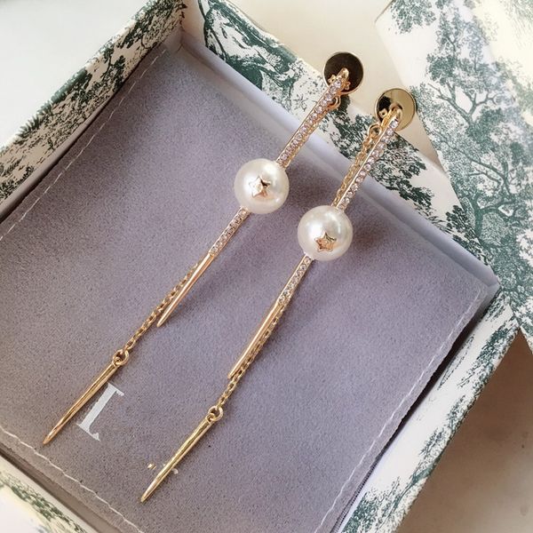 

d home five-pointed star pearl tassel earrings 925 silver needle women's ear ring jewelry high version anti-allergy, White;black