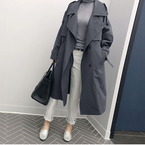 

mid-length trench coat female fashion raglan sleeves casual loose temperament large size double-breasted windbreaker d337, Tan;black