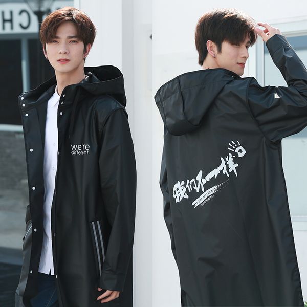 

stylish eva black raincoat fonts pattern outdorr men's long style hiking poncho hooded rain coat long tour waterproof, Tan;black