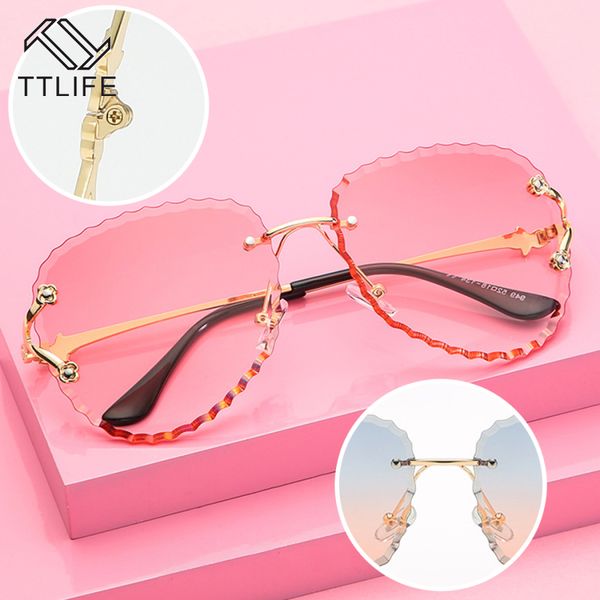 

ttlife fashion rimless sunglasses brand design women vintage lady cutting lens wave frame sun glasses for female uv400 eyewear, White;black