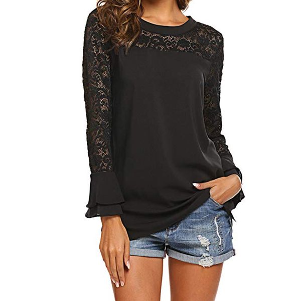 

white lace leisure blouse o-neck solid office shirts tunic 2020 ruffles sleeve womens blouses casual loose pullover blusas