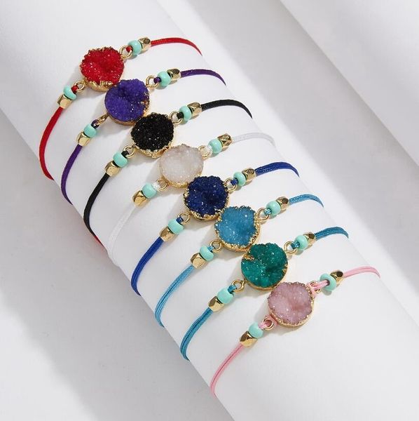 

handmade druzy resin stone bracelet make a wish card wax rope braided bracelets bangles with rice bead for women girls summer beach jewelry, Golden;silver