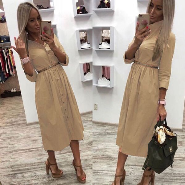 

women casual sashes a line party dress ladies button turn down collar style shirt dress 2020 summer solid knee, Black;gray