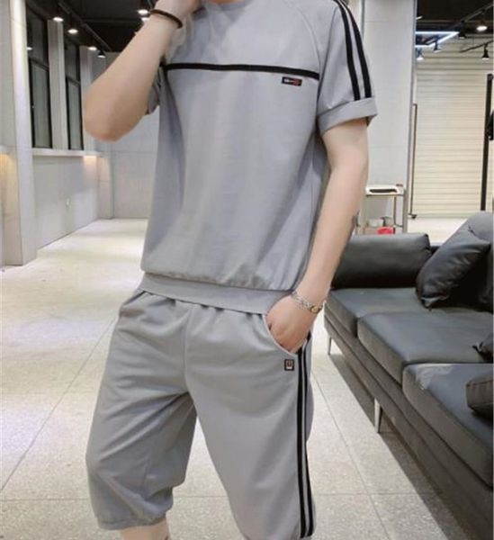 

pants two piece sports sets mens clothing striped print short sleeve 2pcs mens tracksuits summer short, Gray