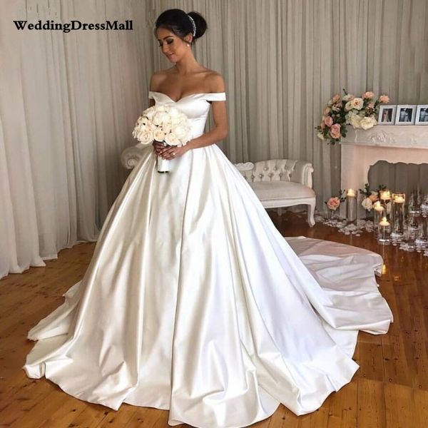 

White Ball Gown Wedding Dresses 2021 Off The Shoulder V Neck Luxury Chapel Train Bride Dress Long Plus Size Vetidos de novia
