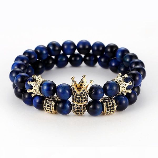 

8mm blue a tiger eye stone 2pc set 10mm cubic zirconia crown bracelet luxury designer jewelry lovers bracelets women bracelects men gift, Black