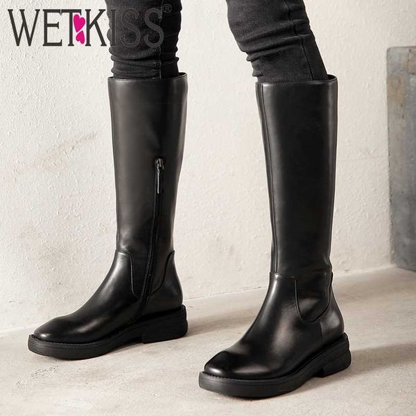 

boots wetkiss motorcycle women thick heels boot square toe shoes female cow leather ladies zip knee high winter 2021, Black