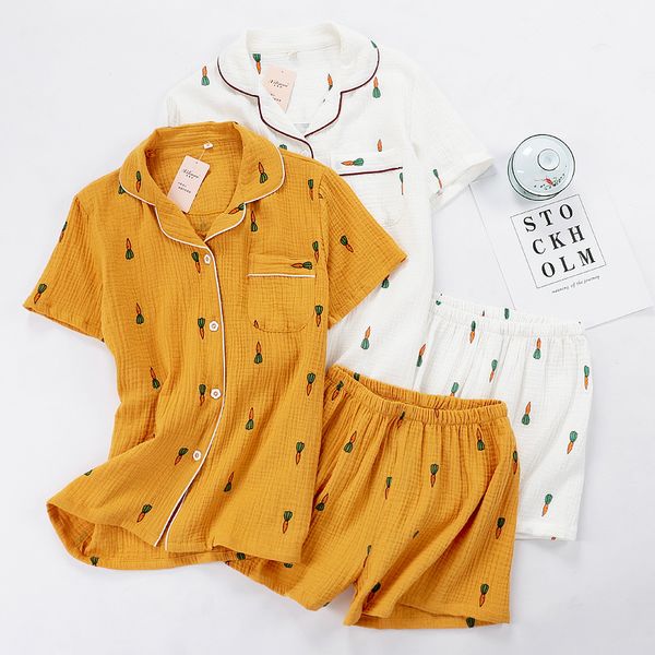 

cotton women pajamas set summer comfort turn-down collar sleepwear set female carrot printed homewear shorts, Black;red