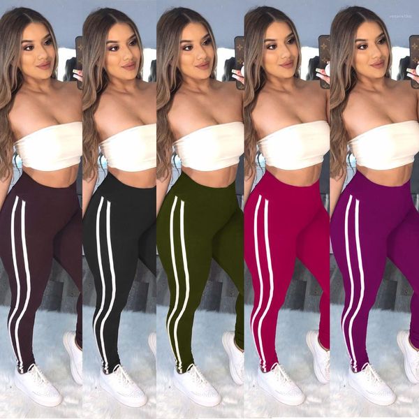 

clothing womens designer pants striped printed elastic waist urban leisure style pencil pants sports style female, Black;white