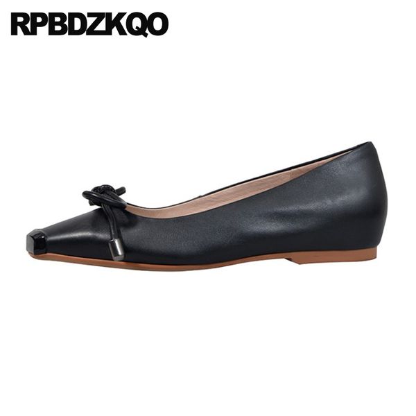 

2020 black casual china gray shallow genuine leather slip on women flats shoes with little cute bowtie designer bow round toe