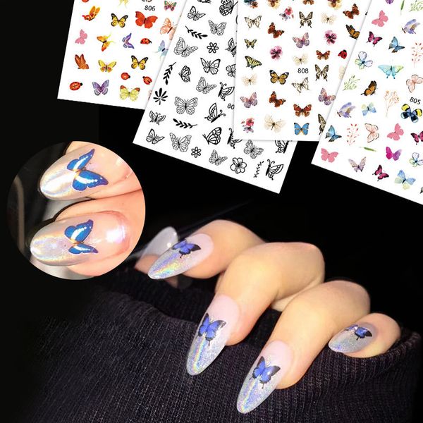 

butterfly nail foil set flower nail art transfer sticker floral nails decal sliders for nail summer adhesive manicure ch1624, Black