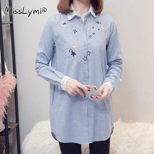 

l-4xl plus size women pink striped shirts autumn 2020 fashion turn-down collar long sleeve cartoon embroidery loose casual, White