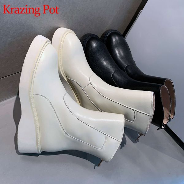 

krazing pot 2021 new winter cow leather flat platform motorcycle boots med heels women punk rock mid-calf boots l14, Black