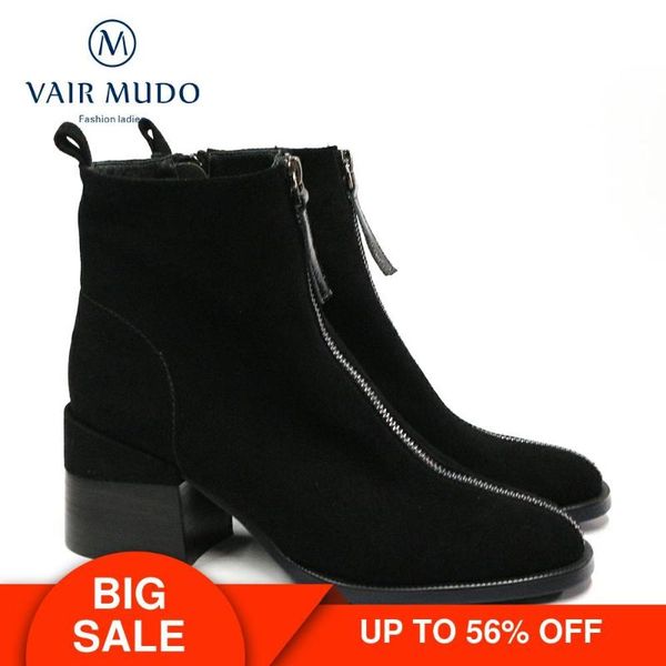 

boots vair mudo ankle autumn winter fashion thick heels shoes women genuine leather elegant zipper black and purple dx47